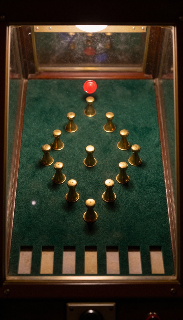 A real pachinko board: diamond field of brass pegs on dark green felt, a single red chip at the top, nine slots along the bottom