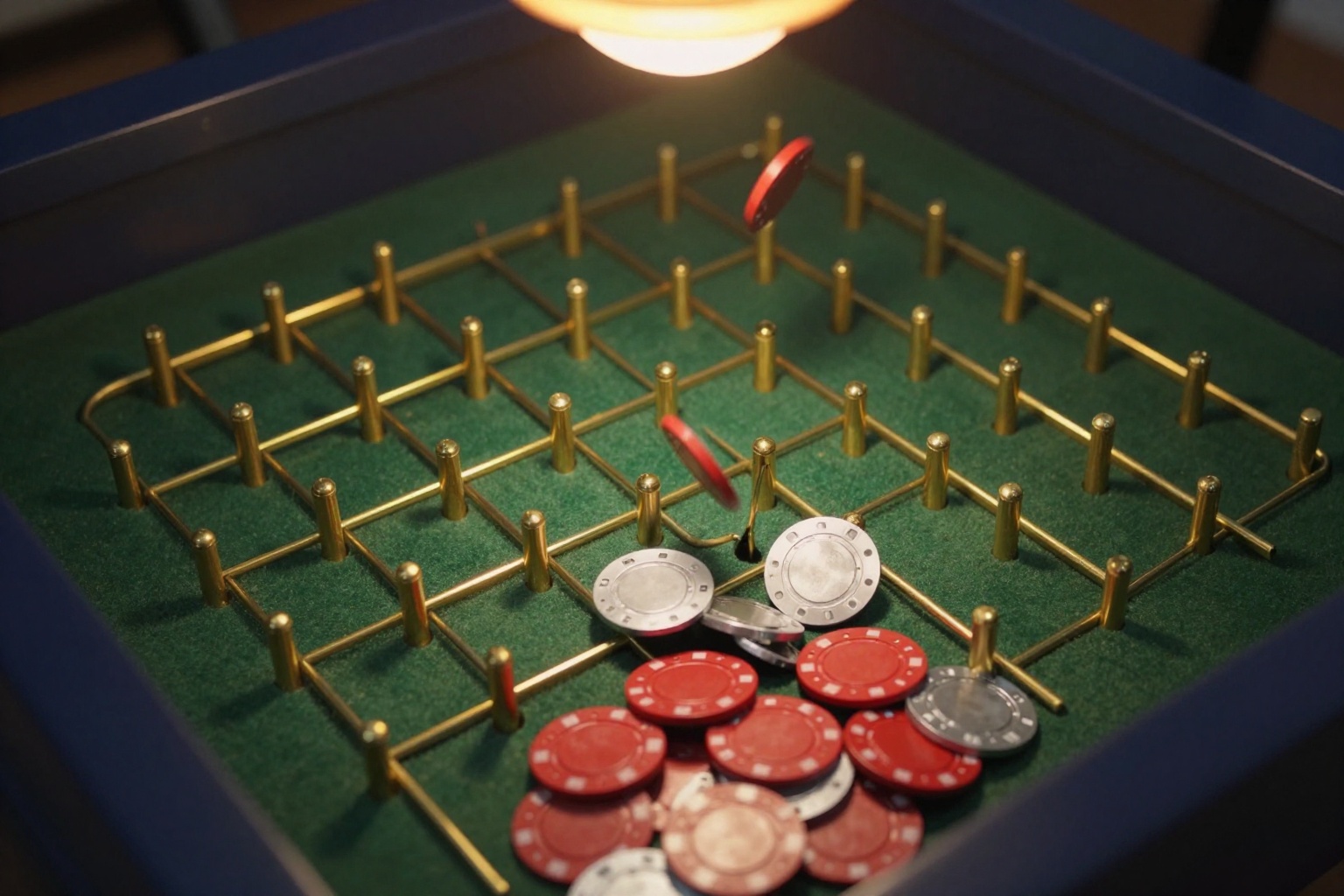 Overhead shot of a pachinko peg field at night, red and silver chips frozen mid-bounce, a pile of chips spilling out at the bottom, amber lamp from above